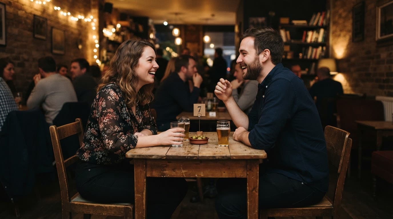 Two people smiling and talking across a small wooden table in a cozy cafe.
