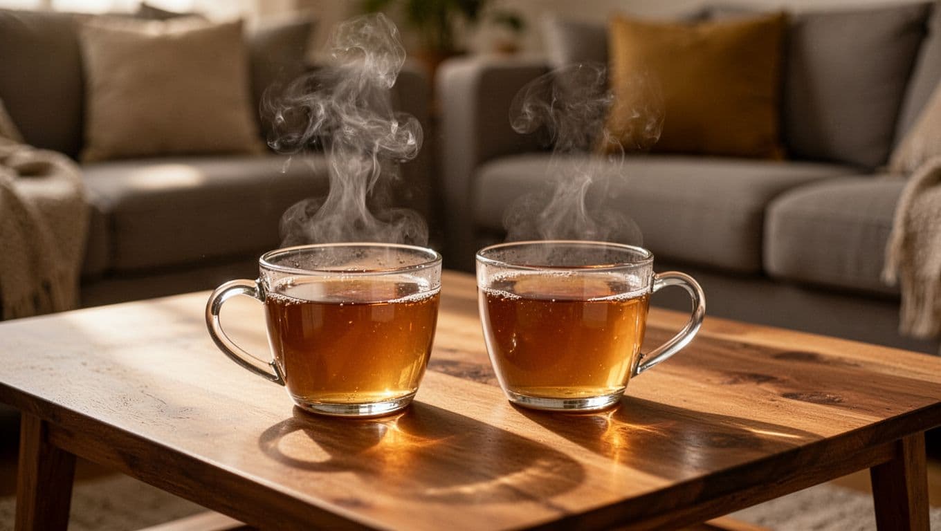 Two steaming cups of tea sit on a wooden table in a warmly lit living room.