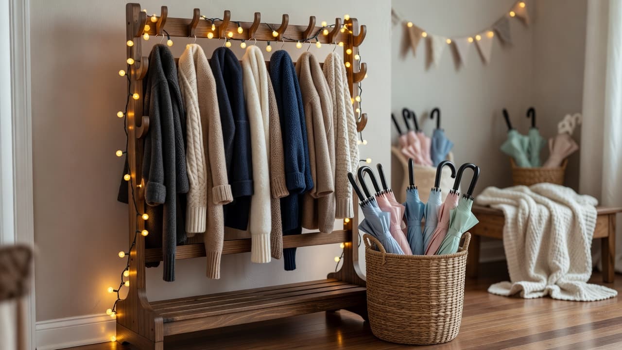 A wooden coat rack and umbrella basket lit by warm fairy lights indoors.
