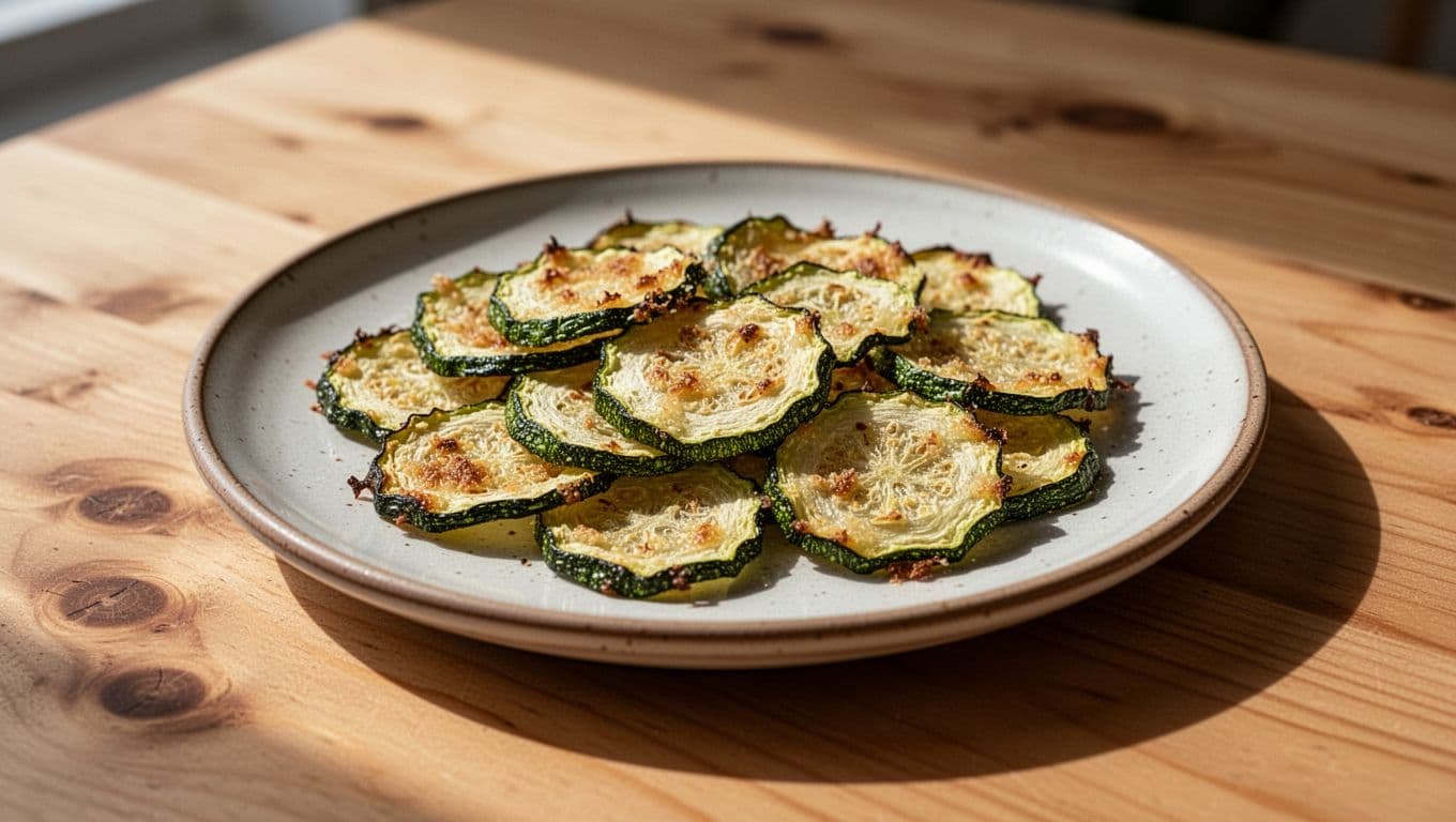 Crispy zucchini chips on a ceramic plate beside a wooden table.