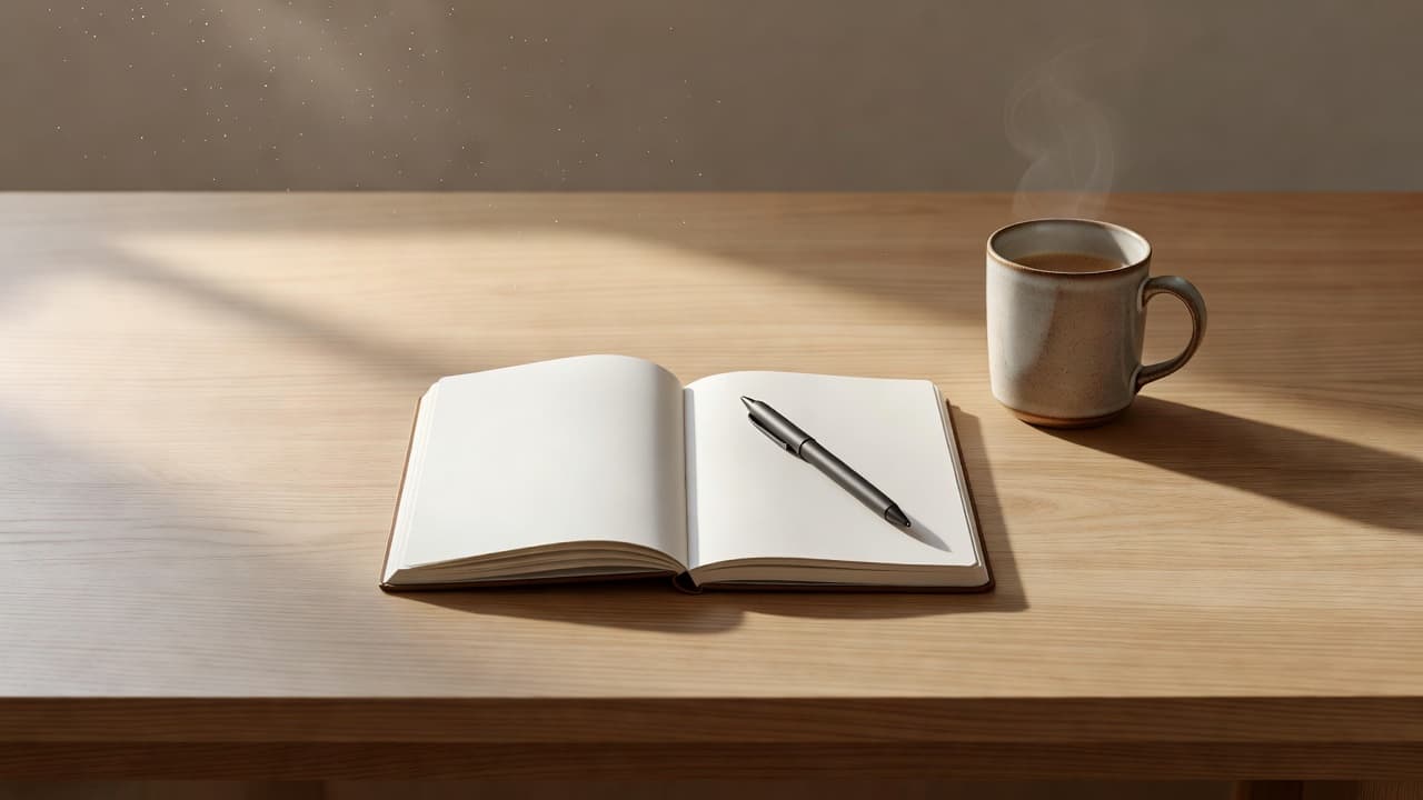 An open notebook, pen, and coffee mug on a wooden desk in soft morning light.