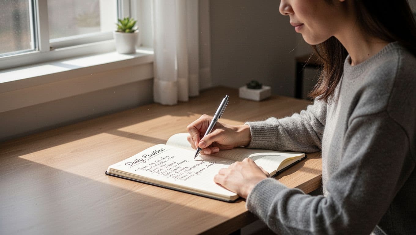 A person writes in a notebook at a desk beside a pen.