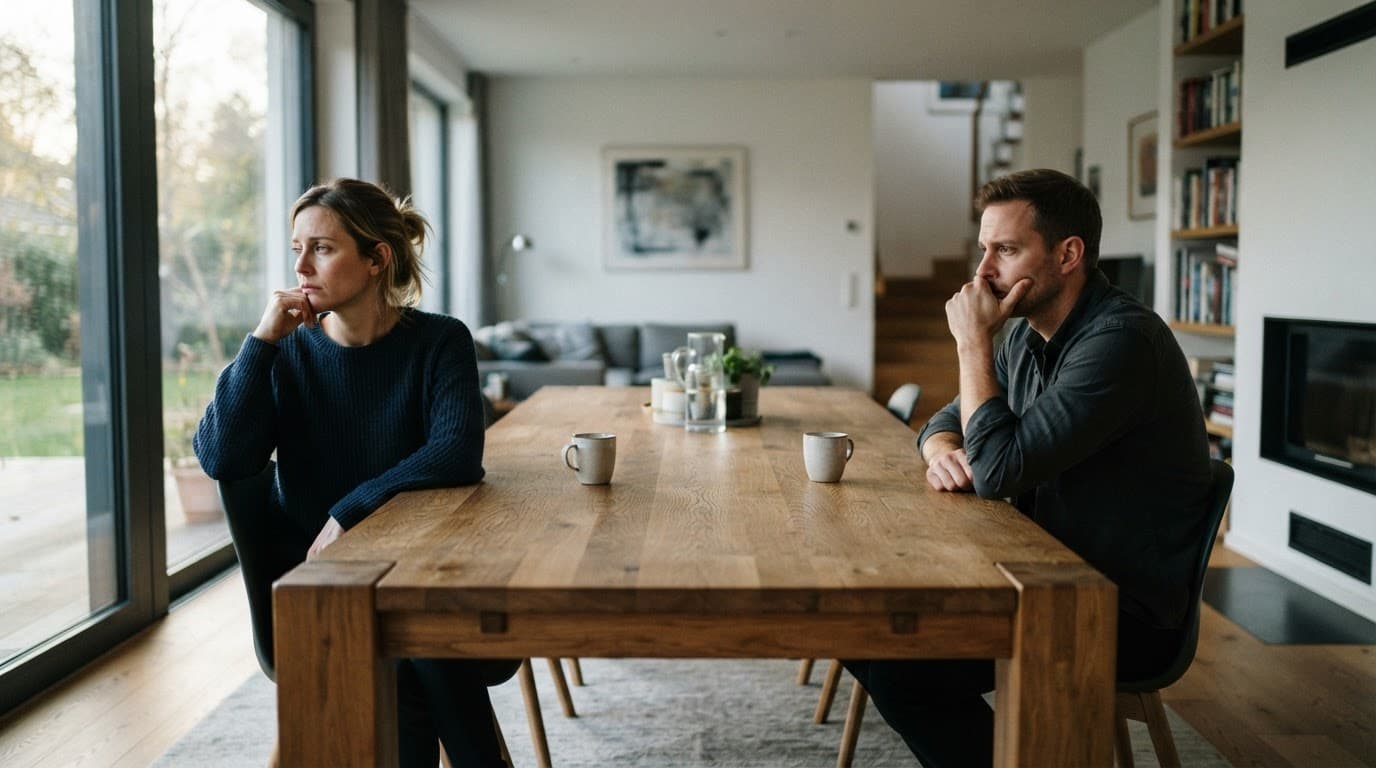 A man and woman sitting at opposite ends of a table looking somber and disconnected.