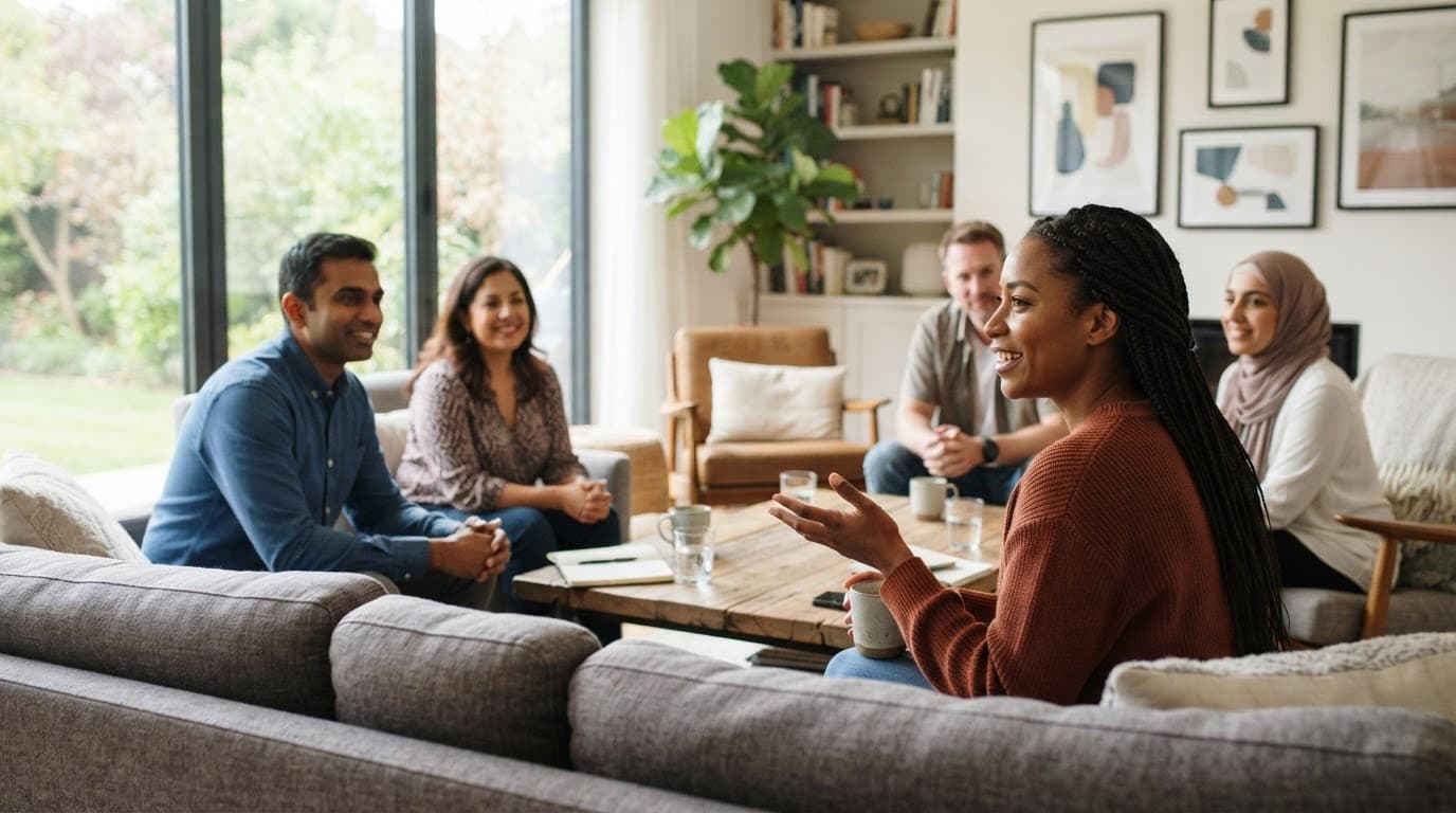 Diverse adults having a respectful conversation in a bright modern living room.