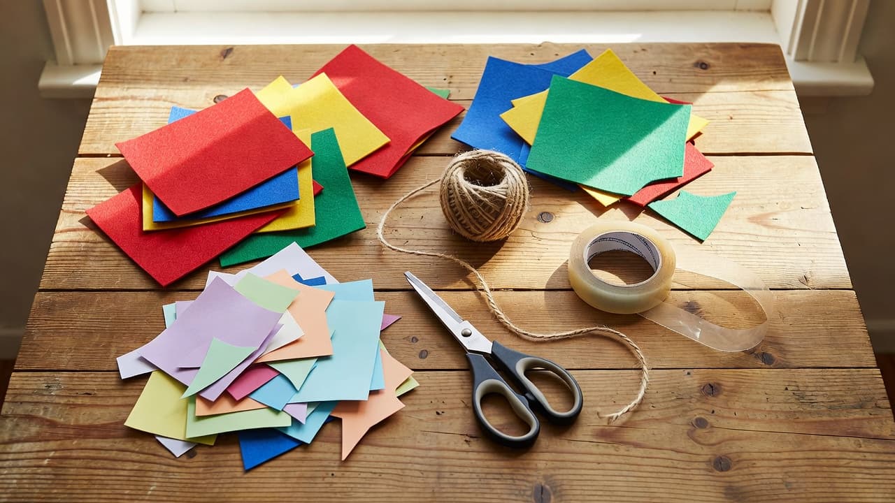 Colorful felt, scissors, paper, and twine arranged on a wooden table.