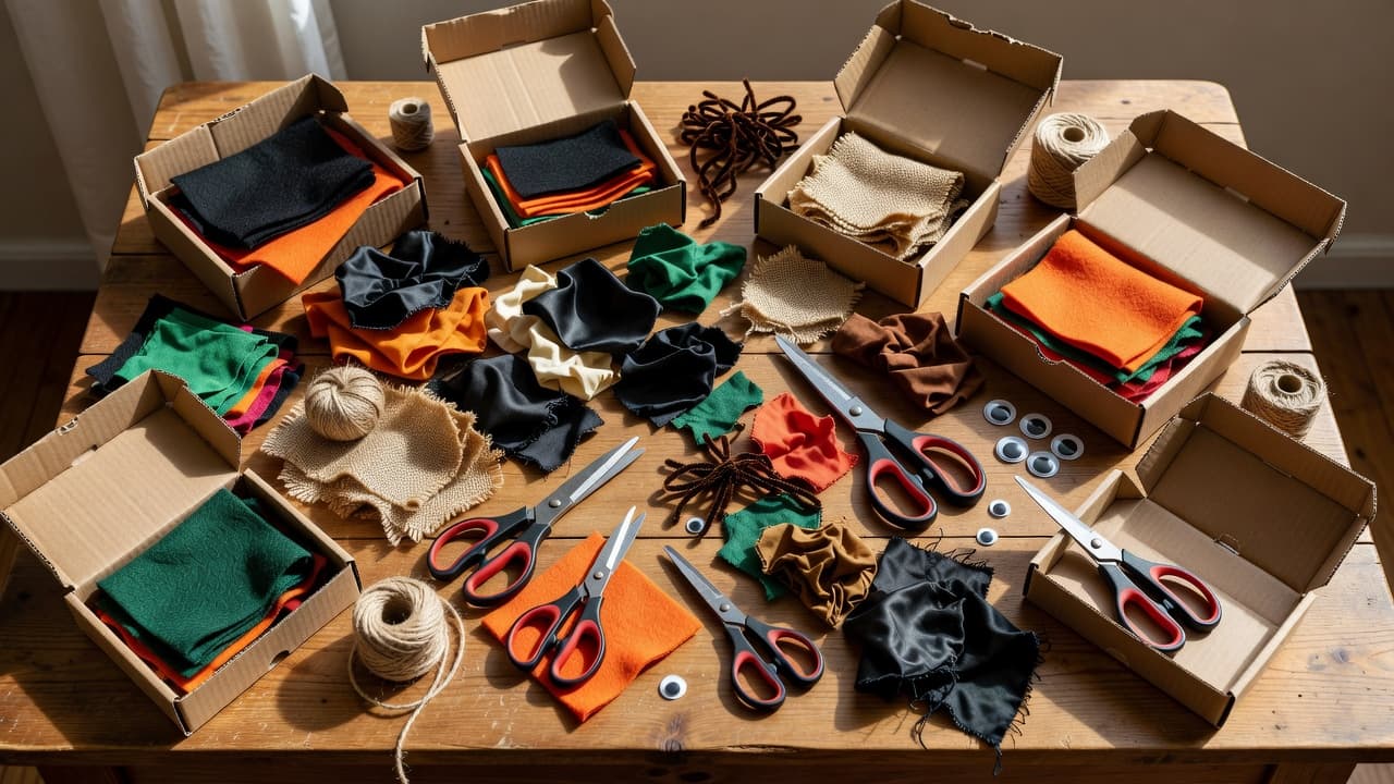 A wooden table covered with cardboard boxes, felt, fabric, and scissors for crafting.