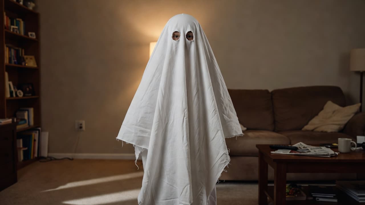 A young boy wearing a homemade white sheet ghost costume in a dim living room.