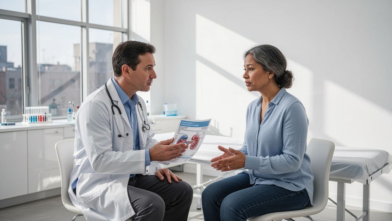 Doctor discussing kidney test results with an adult patient in a bright office.