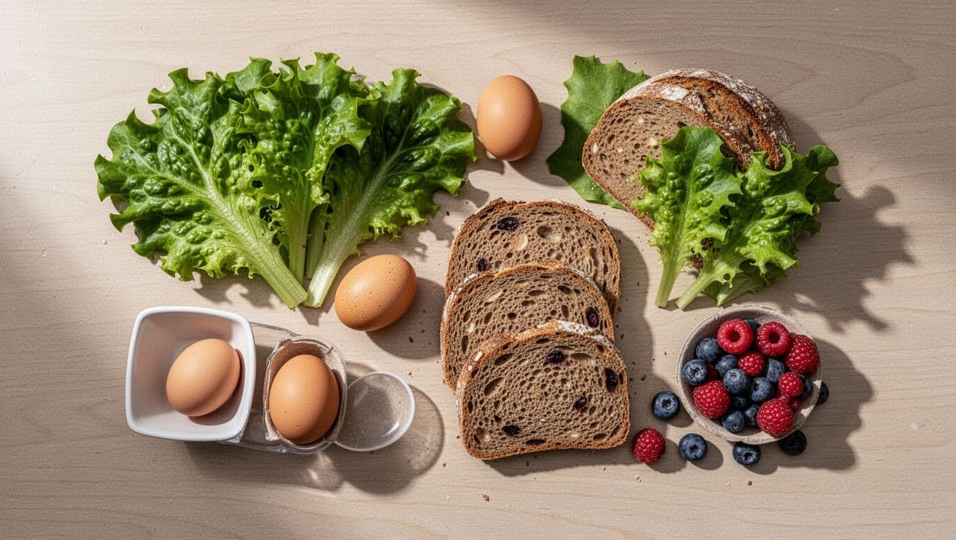 Leafy greens, eggs, whole grains, and berries arranged on a wooden countertop.