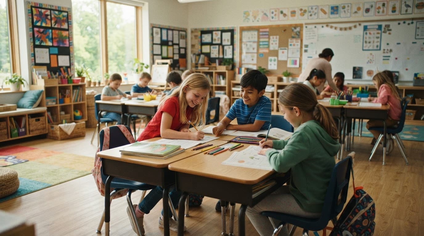 Children work at desks in a bright elementary school classroom.