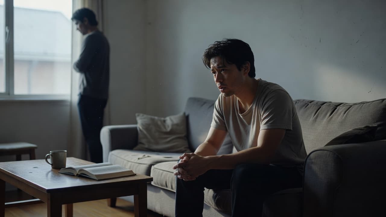 A woman sits looking pensive on a couch with her partner blurred in the background.