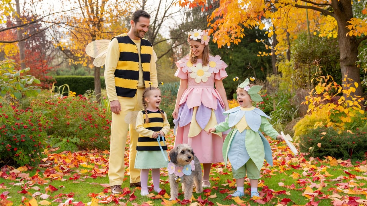 A family of four and their dog wearing handmade flower and bee costumes in an autumn garden.