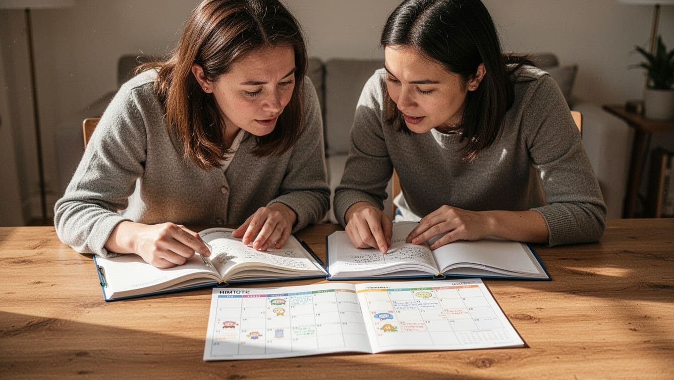 Three family members plan activities with notebooks and a calendar at a wooden table.
