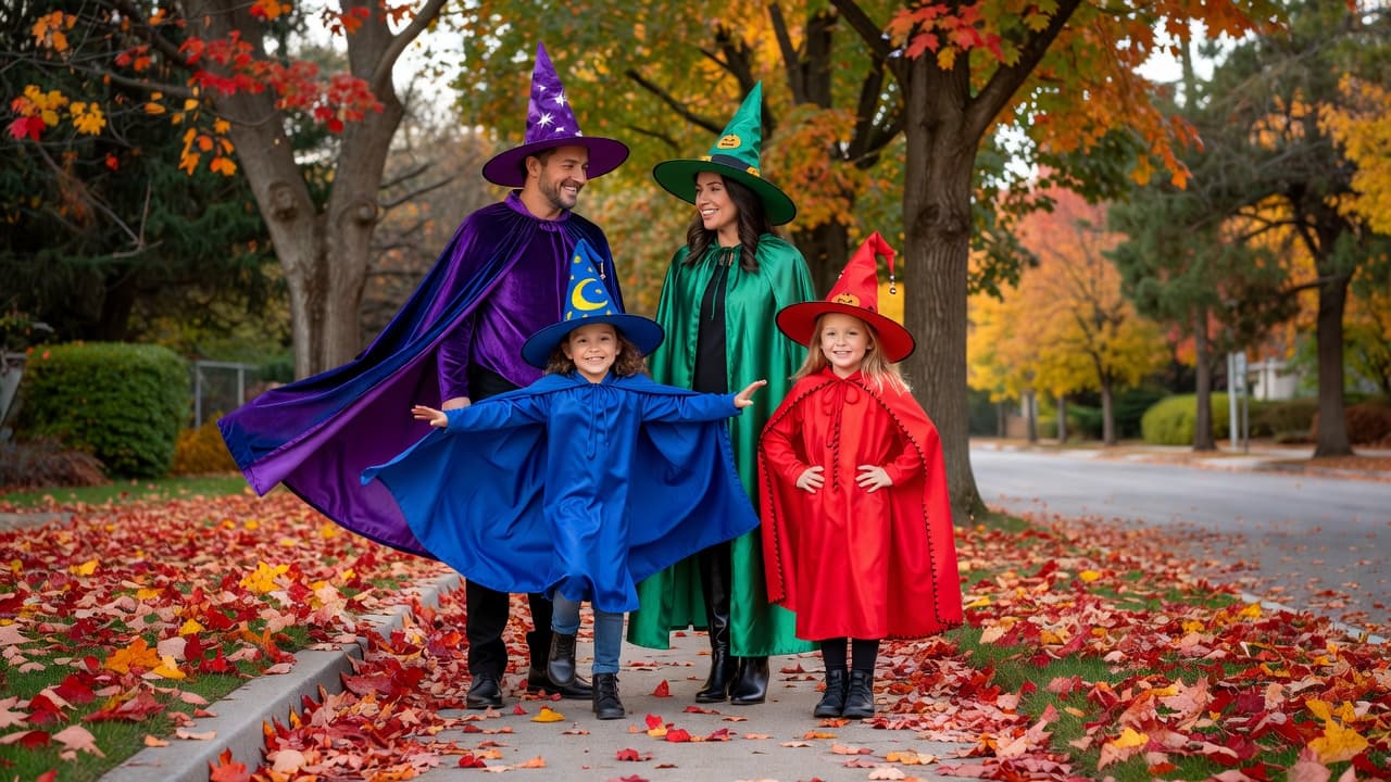 A family of four in playful witch and wizard costumes standing on a sidewalk.