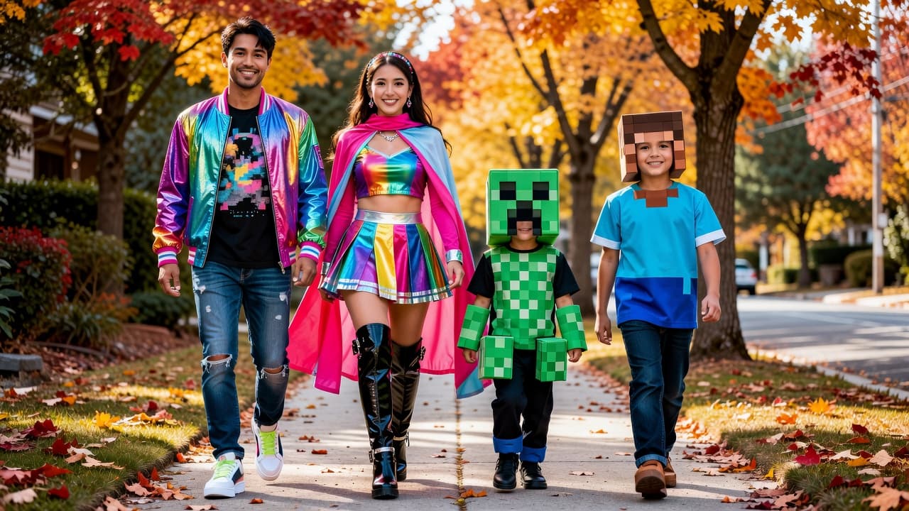 A family of four in colorful K-Pop and Minecraft costumes walking on an autumn sidewalk.