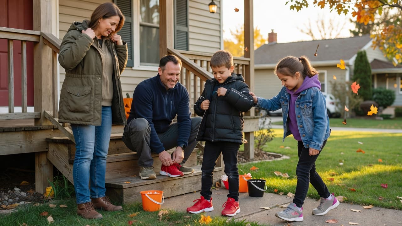 A family of four putting on jackets and sneakers outside.