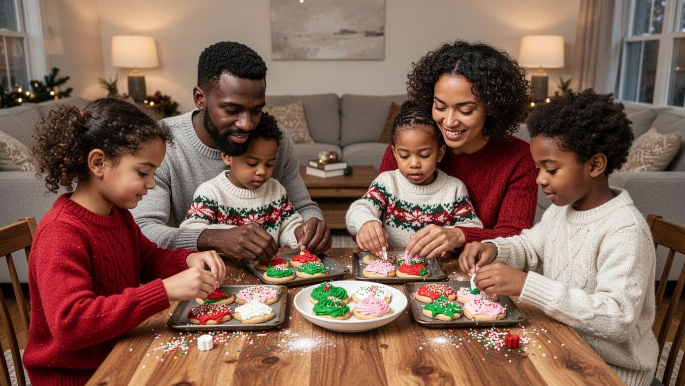 A family of four decorating holiday cookies with frosting and sprinkles at a wooden table.