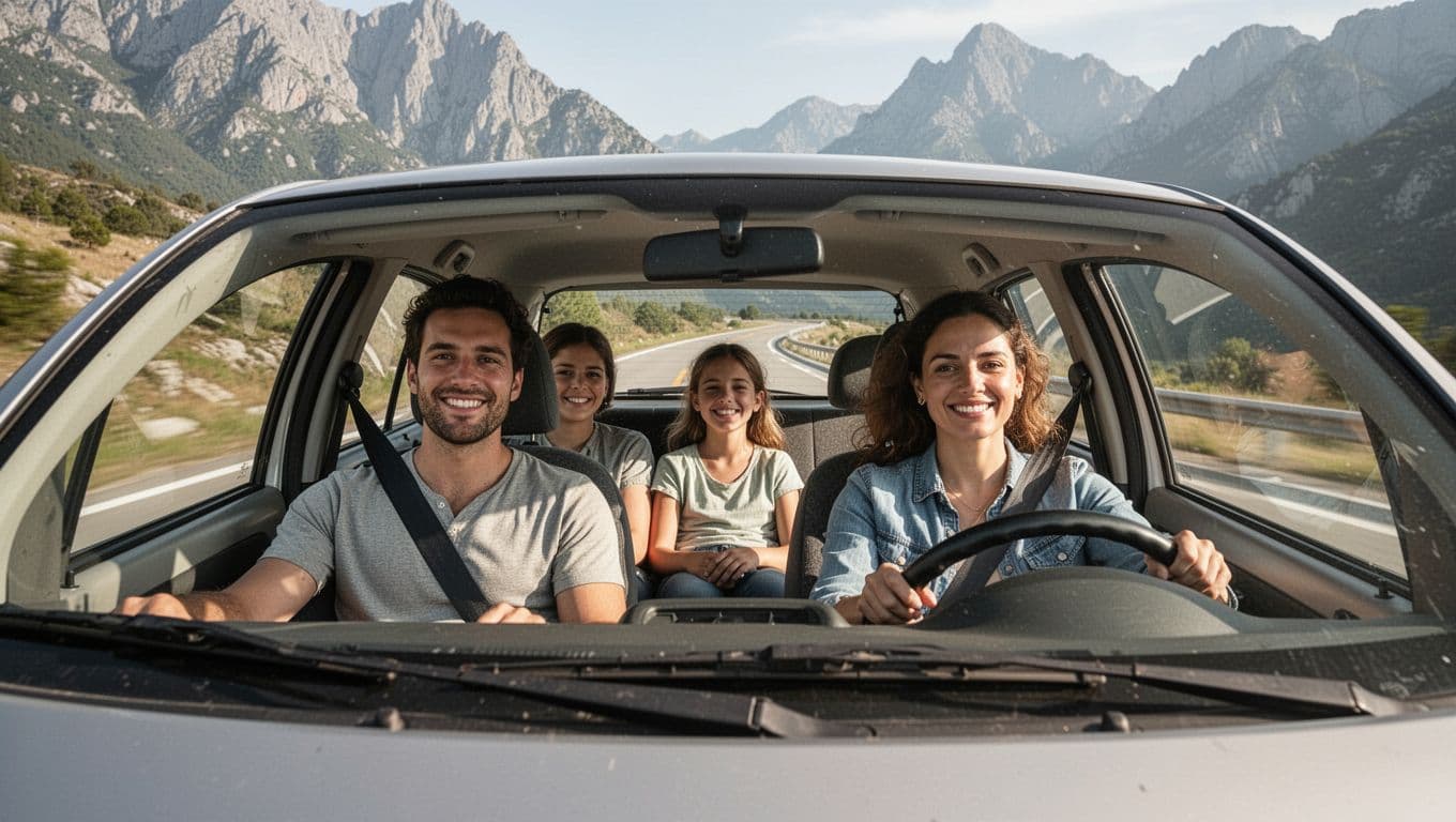 Three family members drive along a mountain road beneath a clear daytime sky.