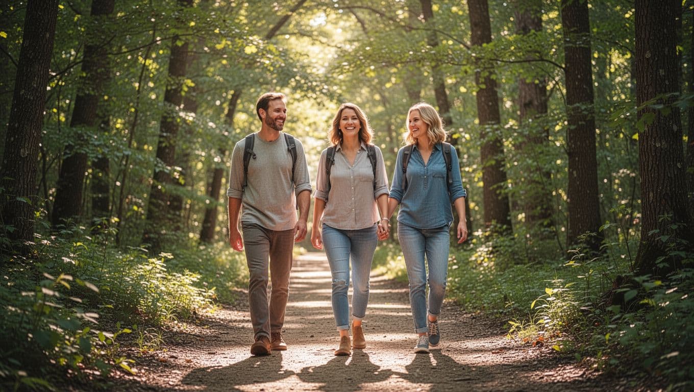 Three family members walking on a sunny trail beneath green trees.