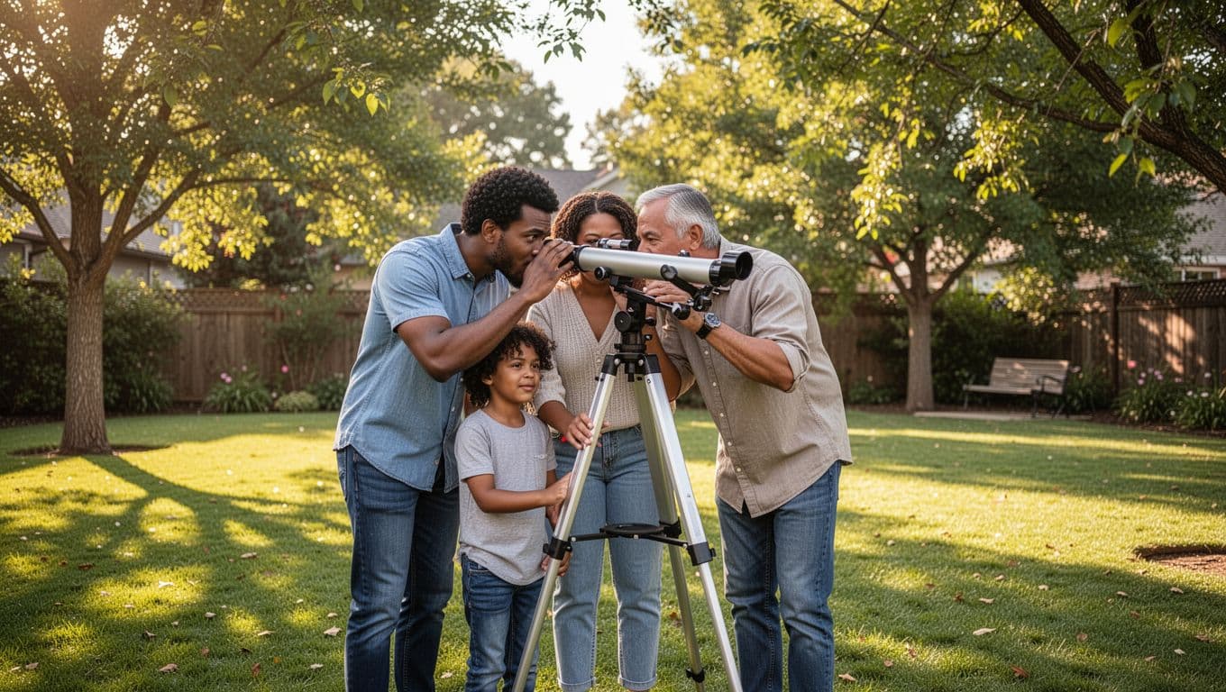 A family of four looks through a telescope together in a sunny park.