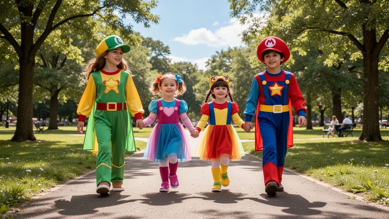 A family of four walking outdoors while wearing colorful character costumes.