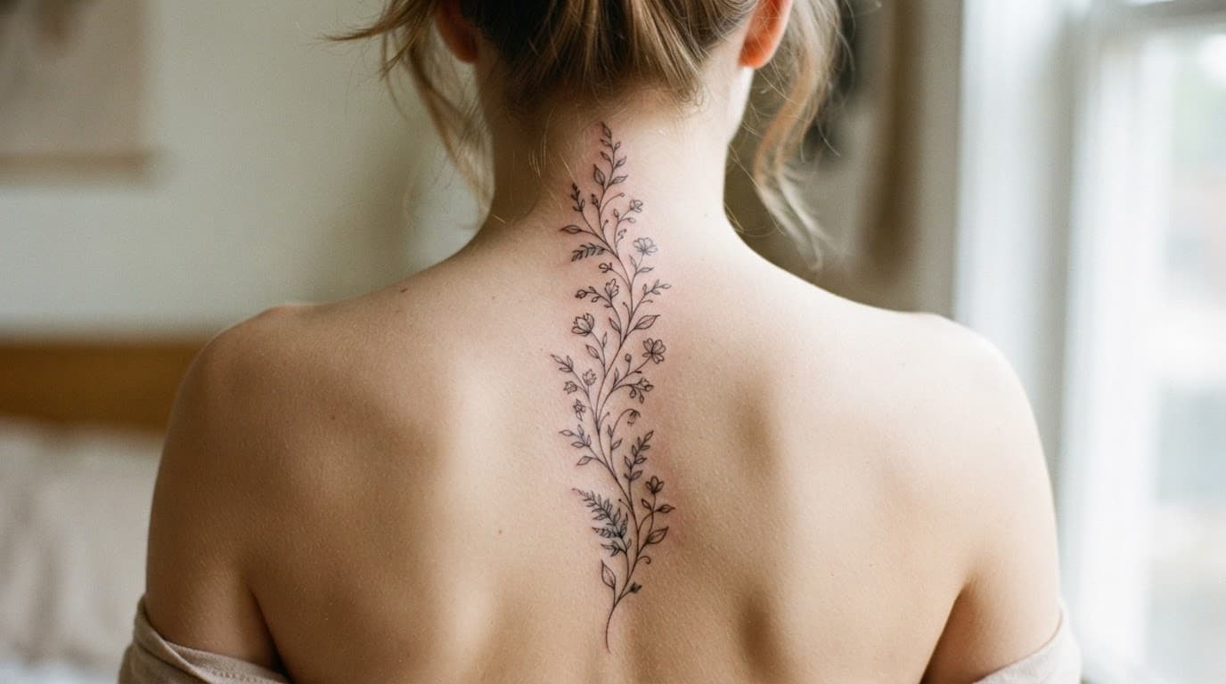 A delicate fine-line floral vine tattoo curving along a person's spine on their upper back.