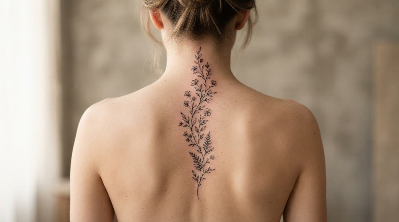 A delicate fine line floral vine tattoo running down a person's upper back.