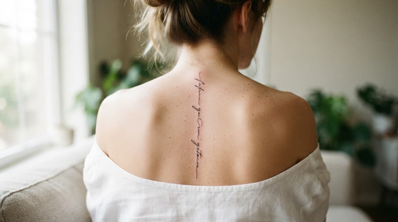 Close up of a delicate fine line script tattoo running vertically along an upper spine.