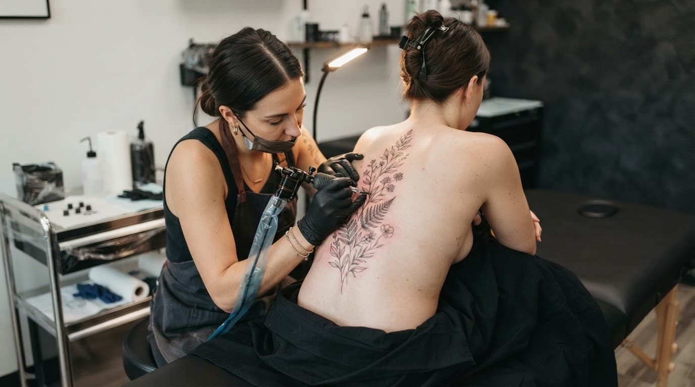 A tattoo artist carefully works on a fine line floral tattoo along a client's upper spine.