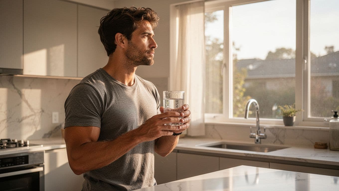 A fit man holds a glass of water beside a sunny kitchen window.