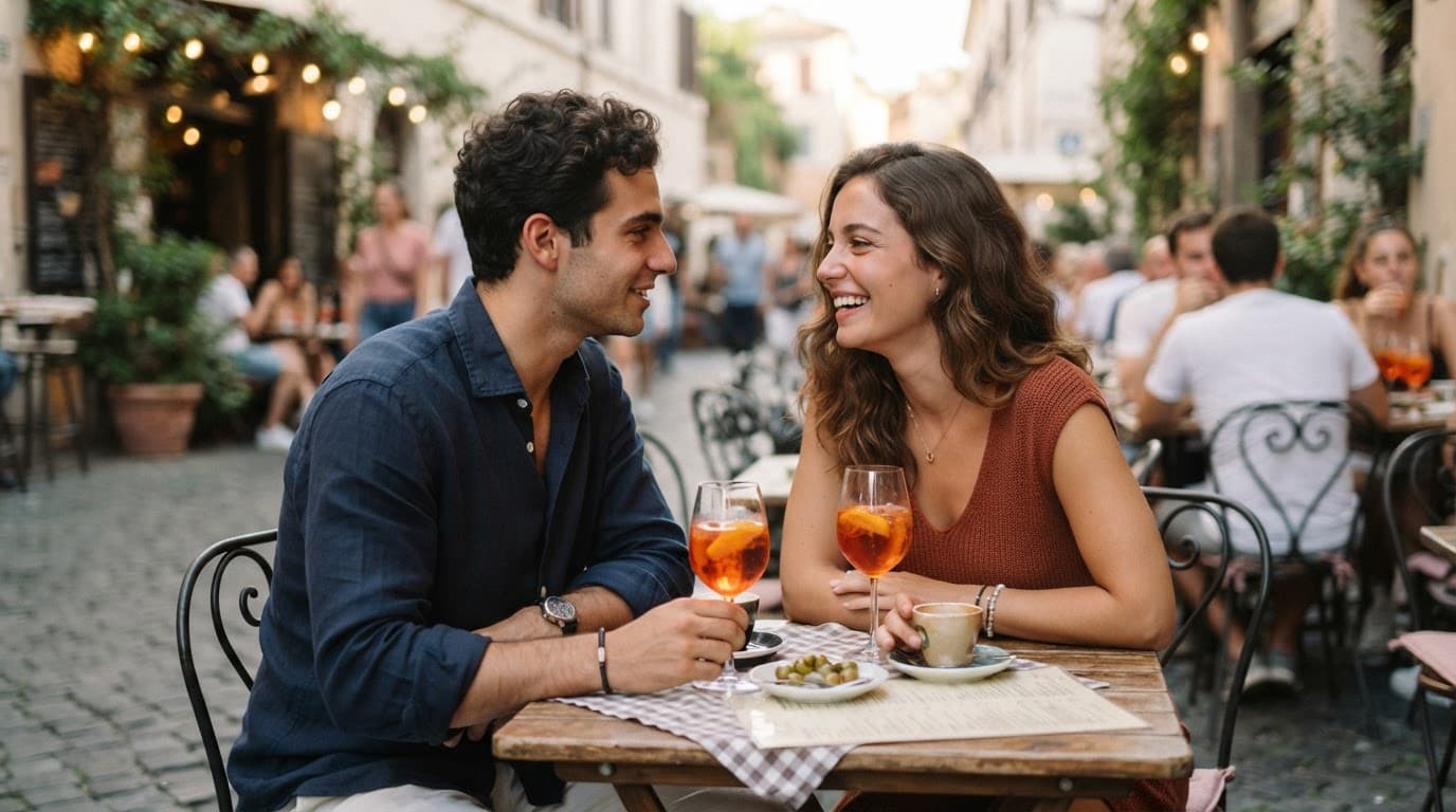 A man and woman share a warm conversation over drinks at an outdoor cafe table.