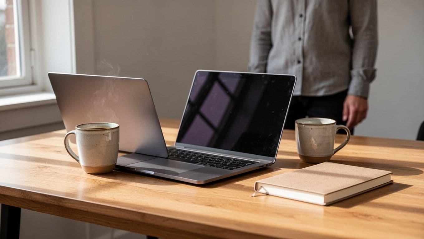 Open laptop, coffee mug, and notebook on a wooden desk with a blurred person behind.