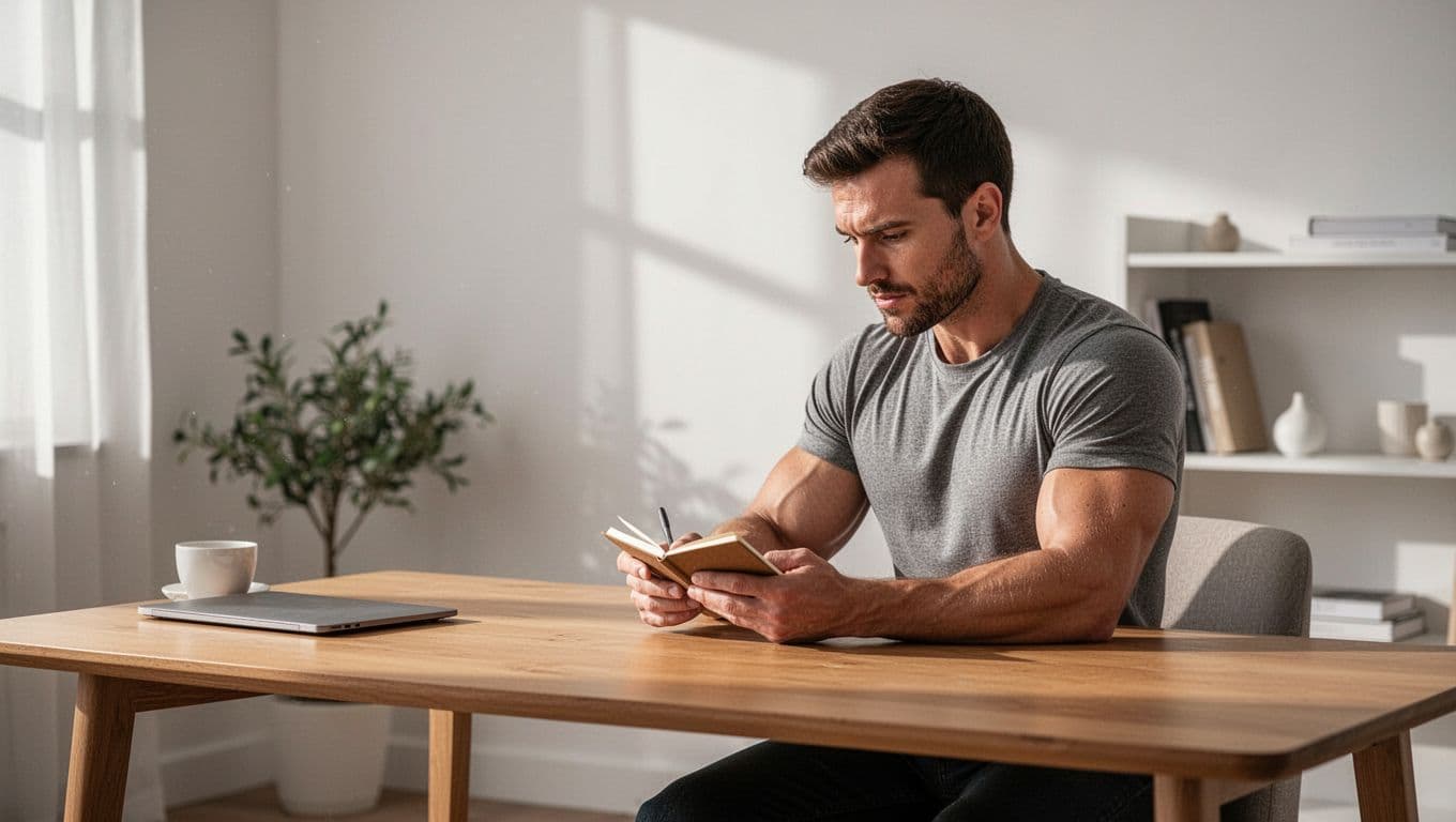 A man reviews a small notebook at a wooden desk in a bright home office.