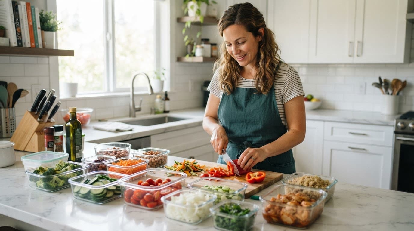 A parent organizes fresh vegetables in clear containers on a kitchen counter.