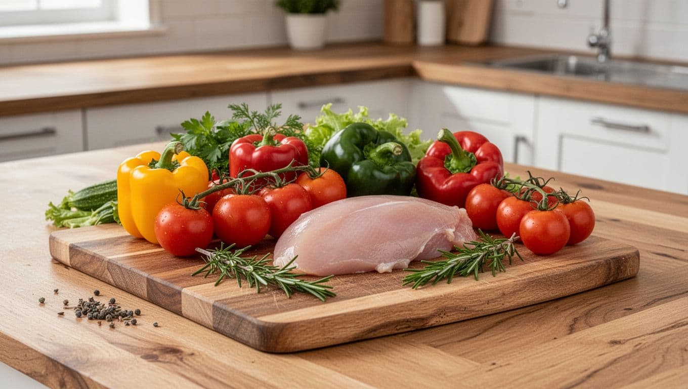 Fresh vegetables, chicken breasts, and herbs arranged on a wooden kitchen counter.