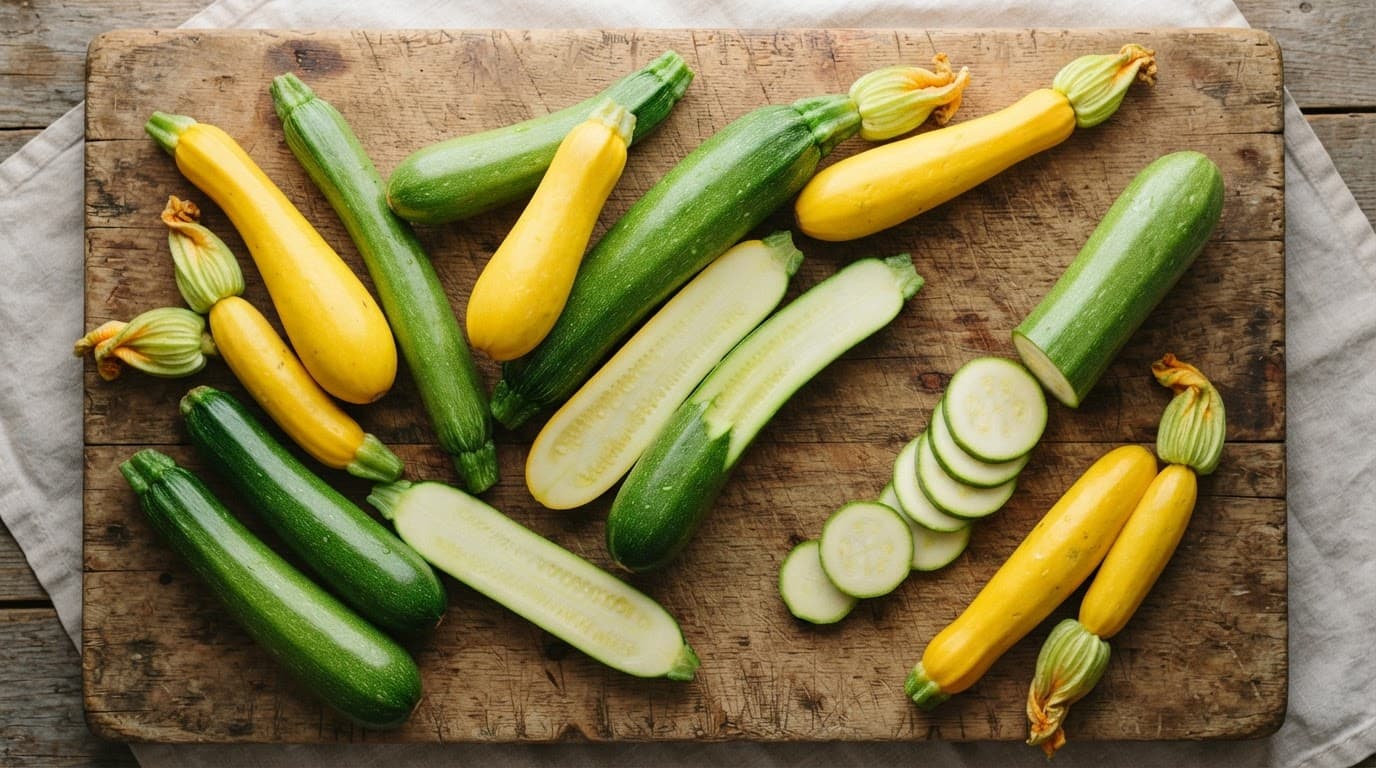 Green zucchini and yellow squash arranged on a rustic wooden board.
