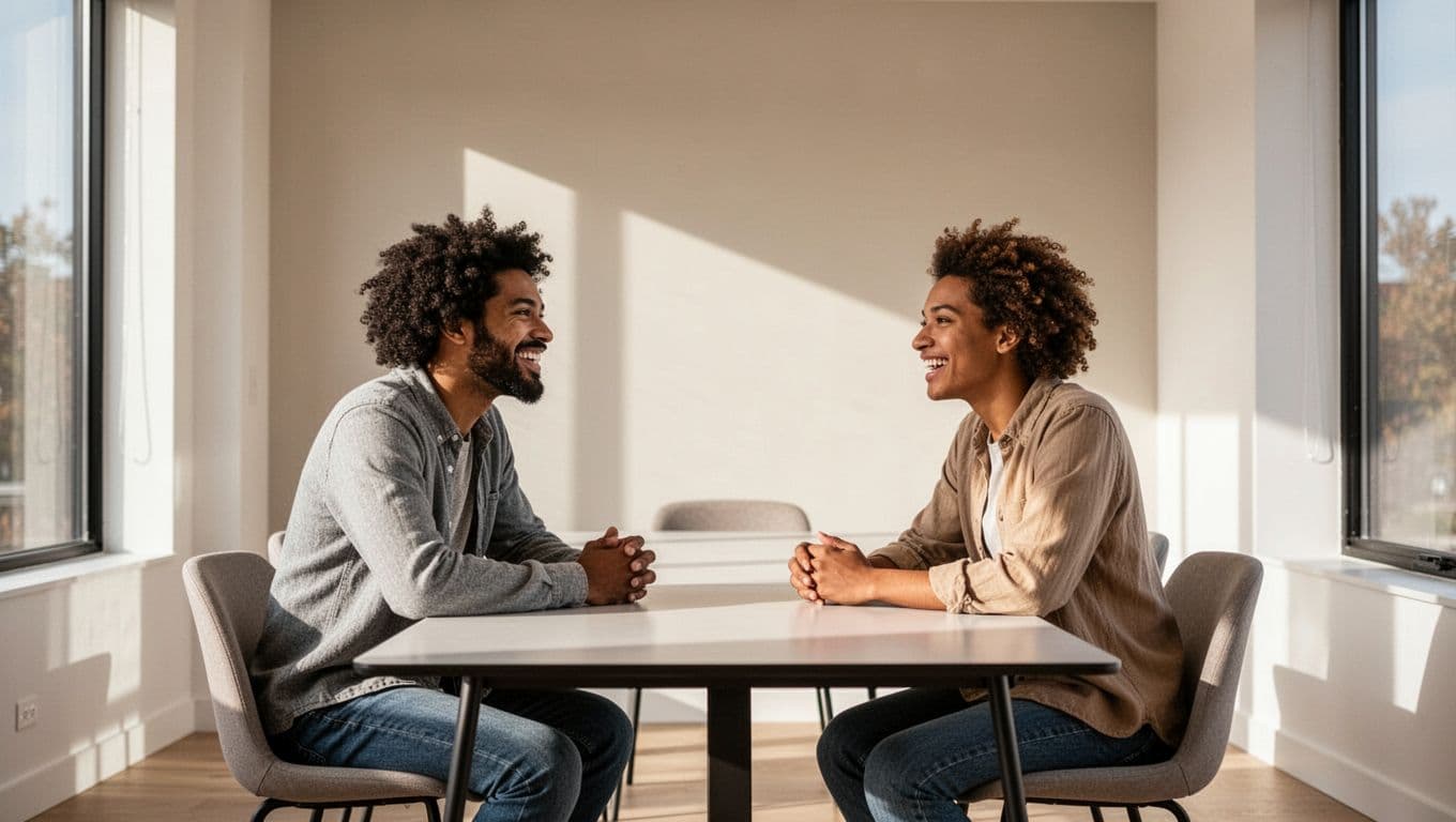 Three people smile and talk together around a table in a bright room.