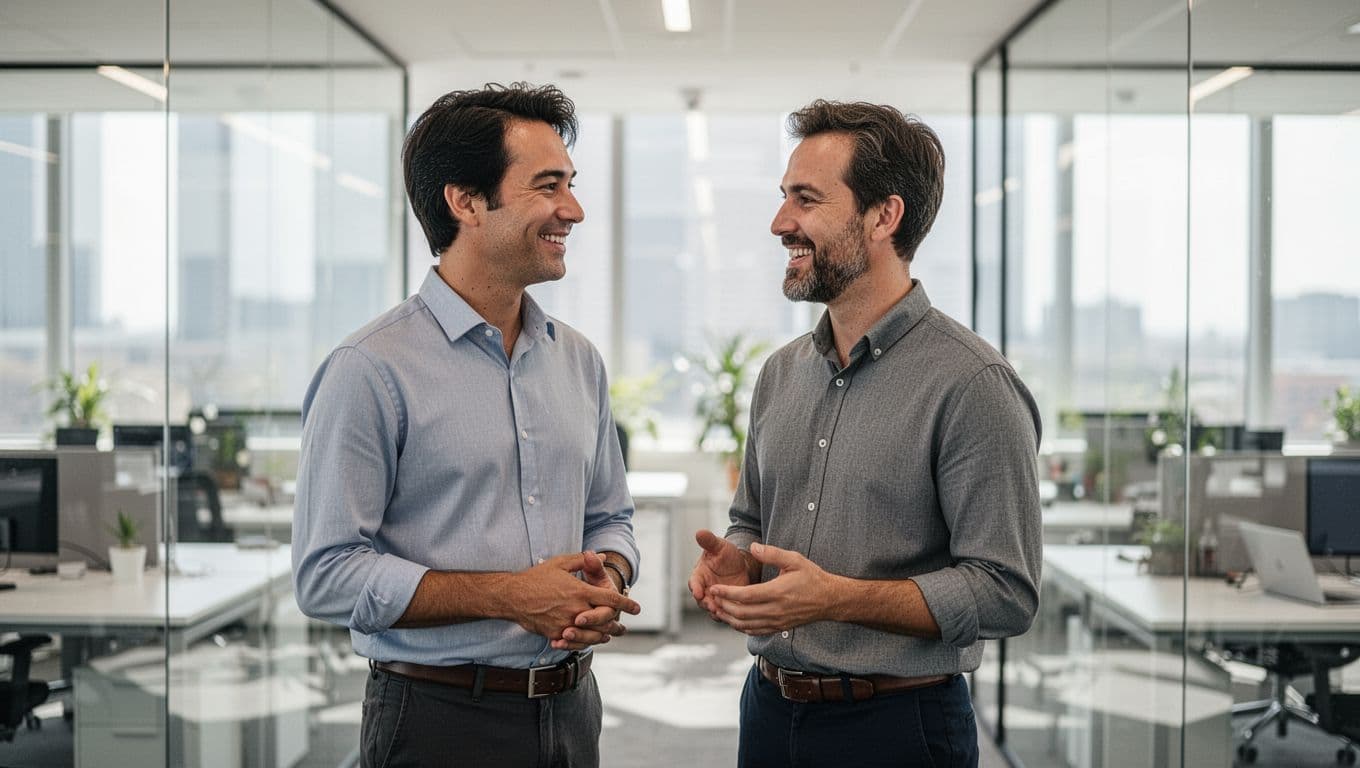 Two colleagues smile and chat in a bright modern office.