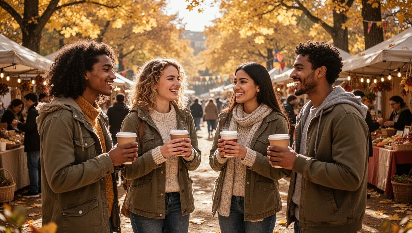 Four friends chat with warm drinks at a sunny autumn festival.