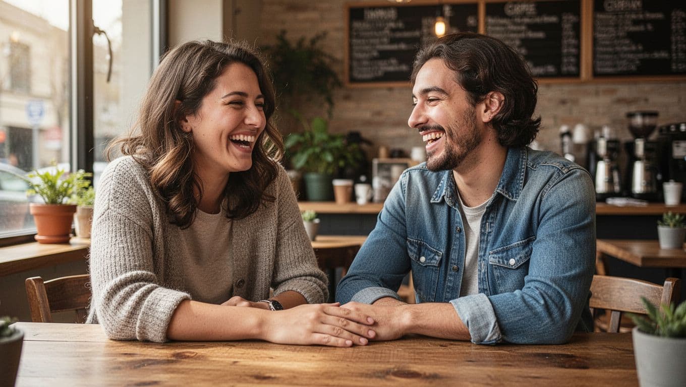 Three friends smile and talk around a wooden café table in soft daylight.