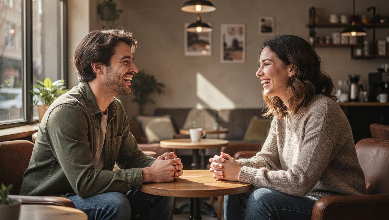 Two friends laughing together across a café table.