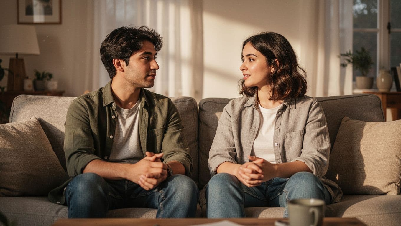 Two friends sit together on a couch having a quiet conversation.