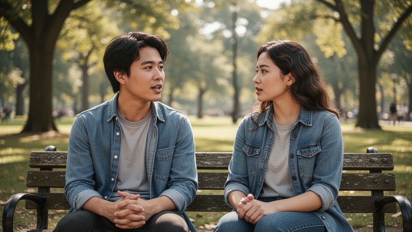 Two friends calmly talking together on a park bench outdoors.