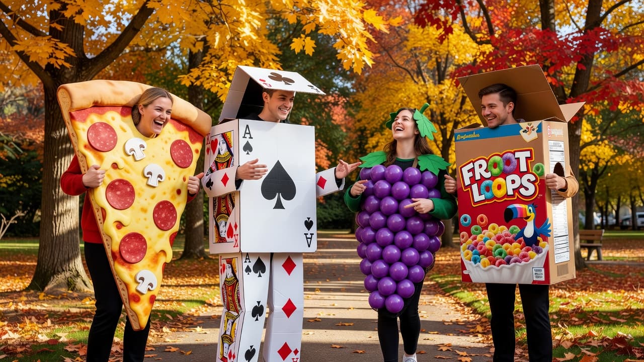 Four friends outdoors in creative food and object Halloween costumes.