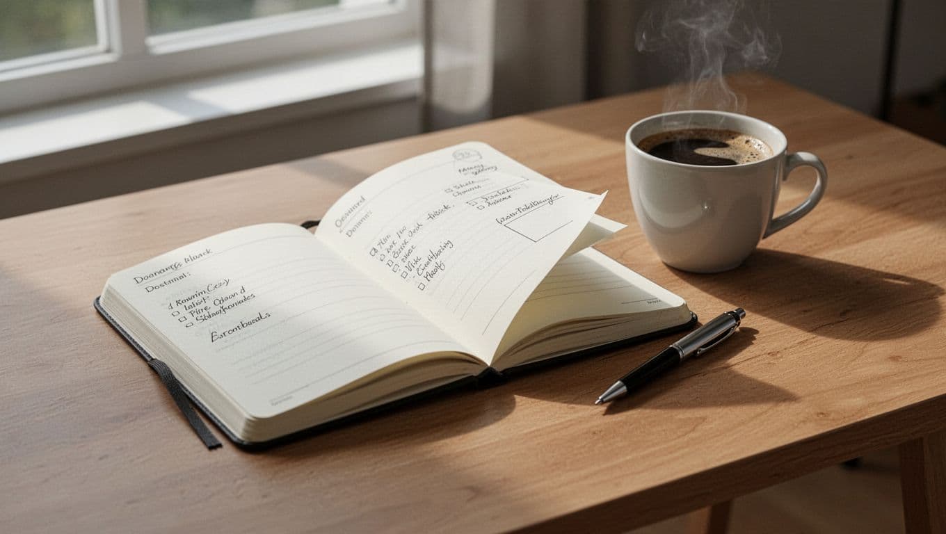 Open notebook, pen, and coffee cup on a wooden desk.