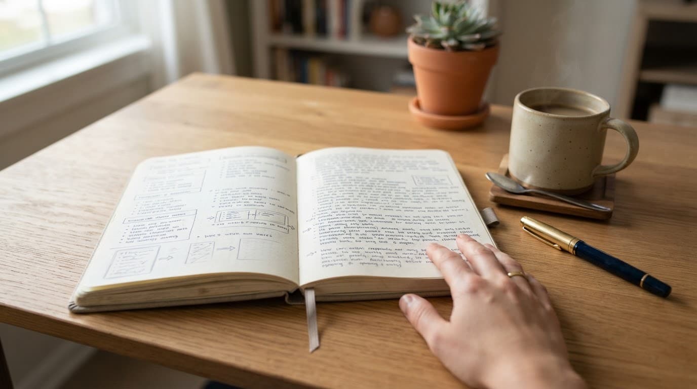 Open journal, pen, coffee, and a nearby hand on a wooden desk.
