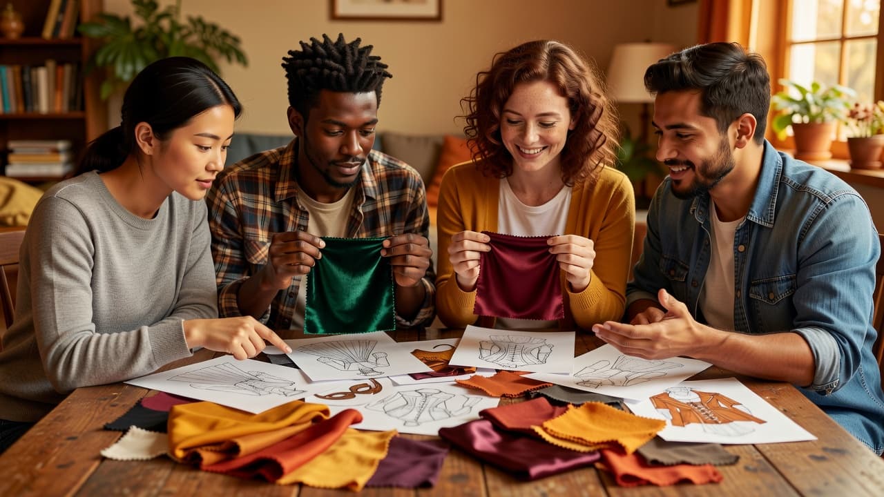 Four friends sitting at a table reviewing costume sketches and fabric swatches together.