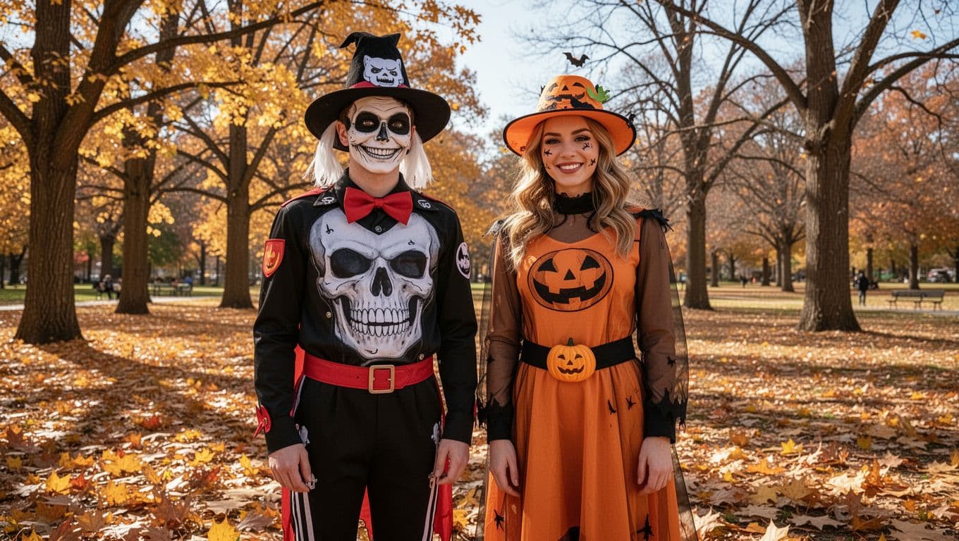 A diverse group of friends in coordinated pop culture Halloween costumes standing outdoors in autumn.