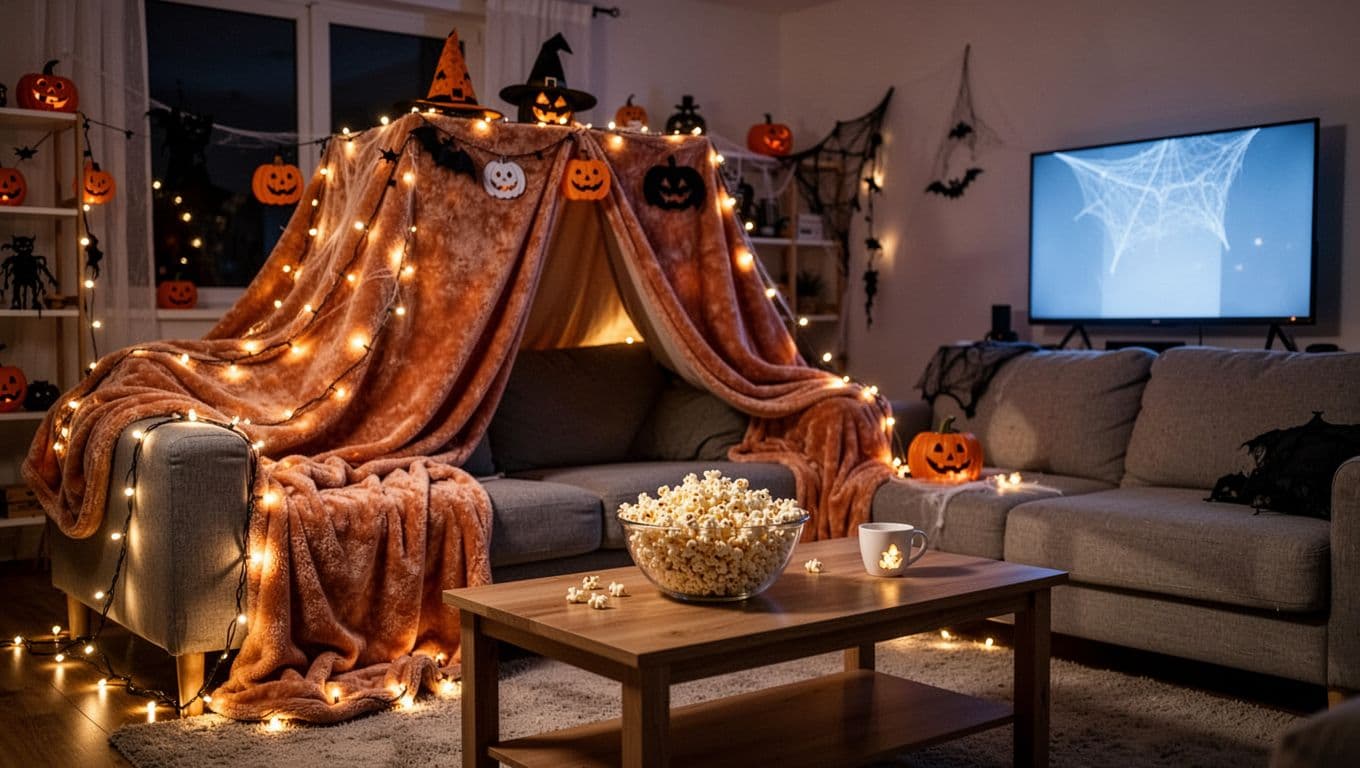 Cozy Halloween living room with a blanket fort, popcorn, fairy lights, and a glowing TV.