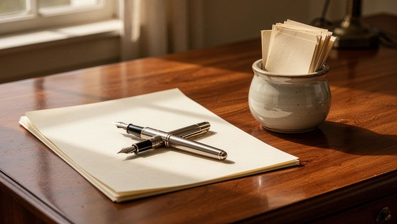 A handwritten letter, fountain pen, and ceramic jar of folded notes on a wooden desk.